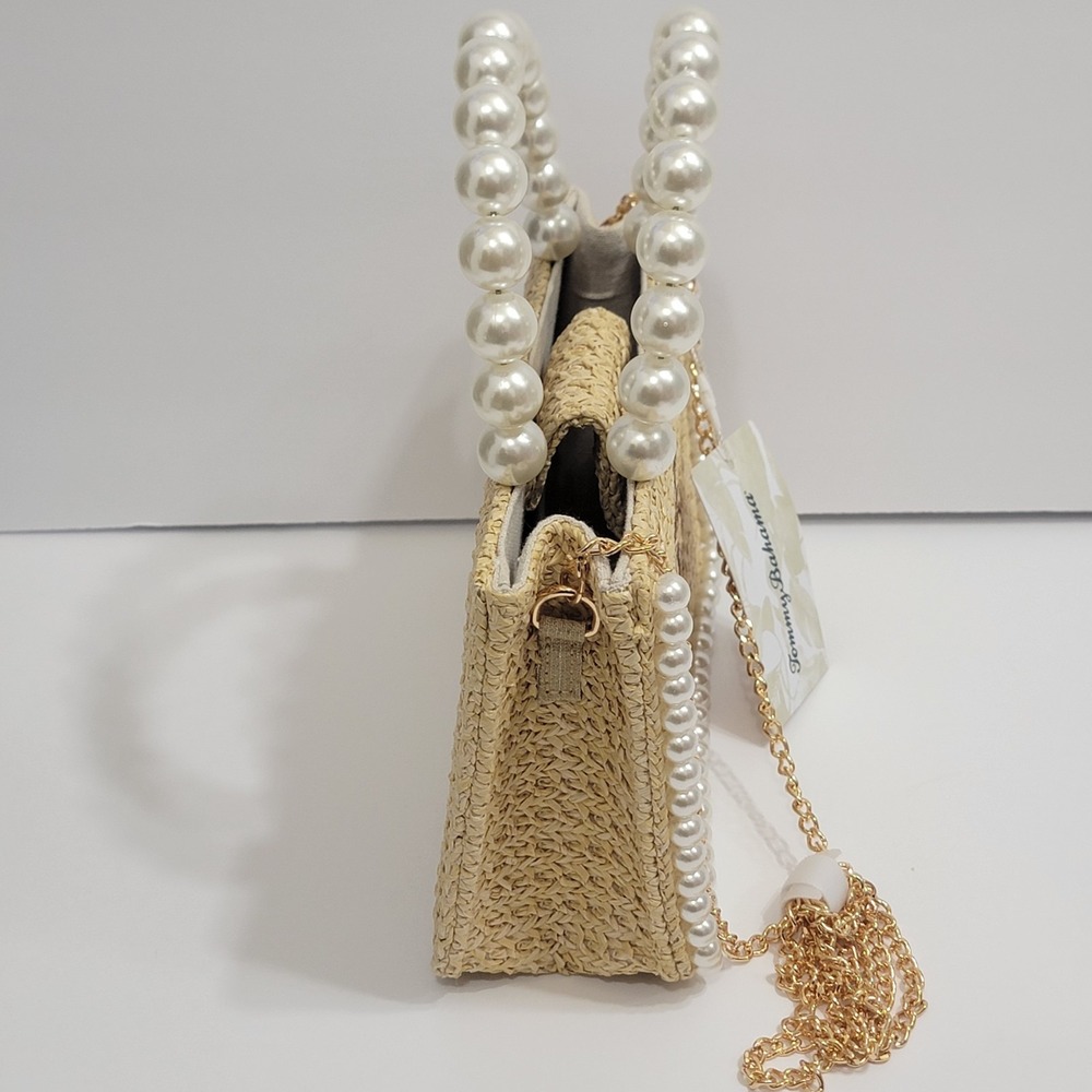 Tommy Bahama Pineapple Woven Mini Tote Faux Pearl Handle Crossbody Bag Coastal - Picture 6 of 10